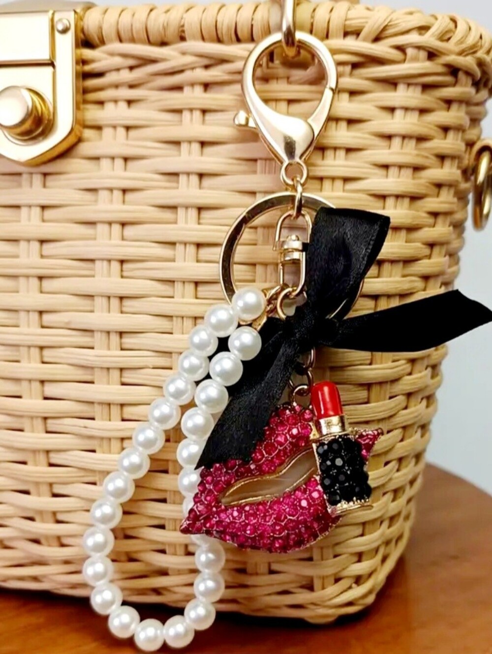 Lip & Lipstick Pearl Keychain Bag Charm with Black Bow - Picture 2 of 7